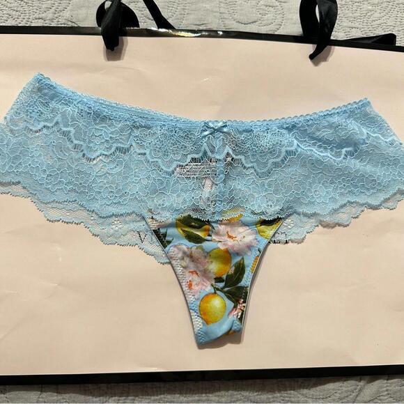 Victoria Secret Floral Lace Waist Hipster Thong Panty Blue Lemon - Picture 1 of 3